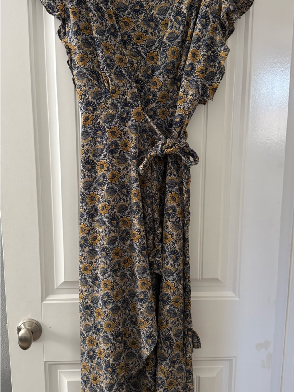Misa Los Angeles Navy and Mustard Floral Wrap Midi Dress